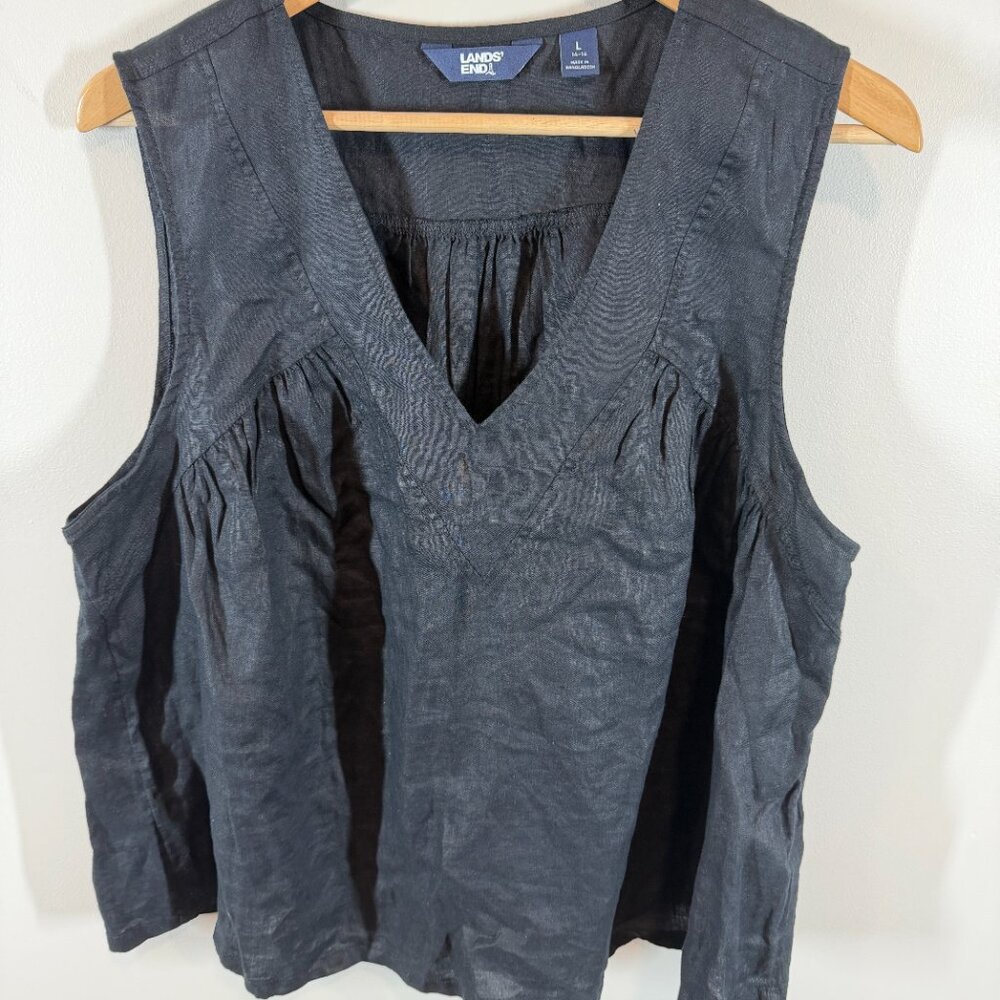 Lands’ End 100% Linen Sleeveless Top Black Size L 14-16 | V-Neck Summer Blouse - Picture 8 of 9